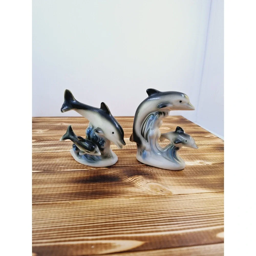 Vintage Miniature Dolphin Set Of 2 Porcelain Figurine‎